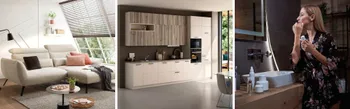 Inspiration für kleine Räume: stilvoll eingerichtetes Wohnzimmer mit Sofa, moderne Einbauküche in Holzoptik und kompakter Badbereich mit LED-Spiegel – clevere Einrichtungsideen für kleine Wohnungen und minimalistische Raumkonzepte.